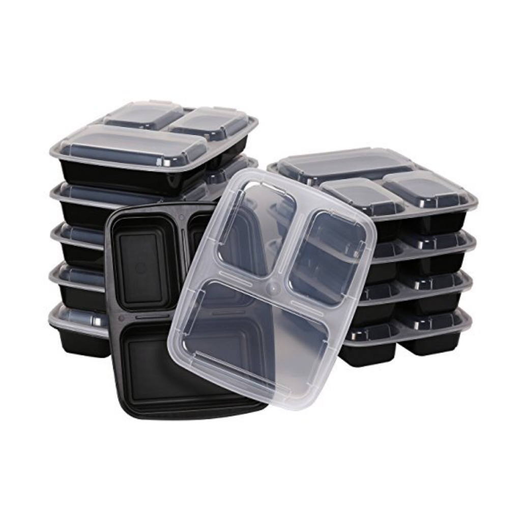 1000ml (32oz) 3-Compartment Rectangular Plastic Food Containers, 150 ...